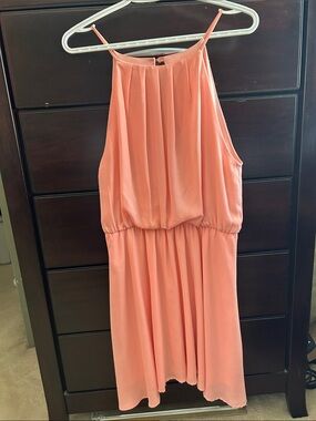 Coral Halter Pleated Summer Dress
